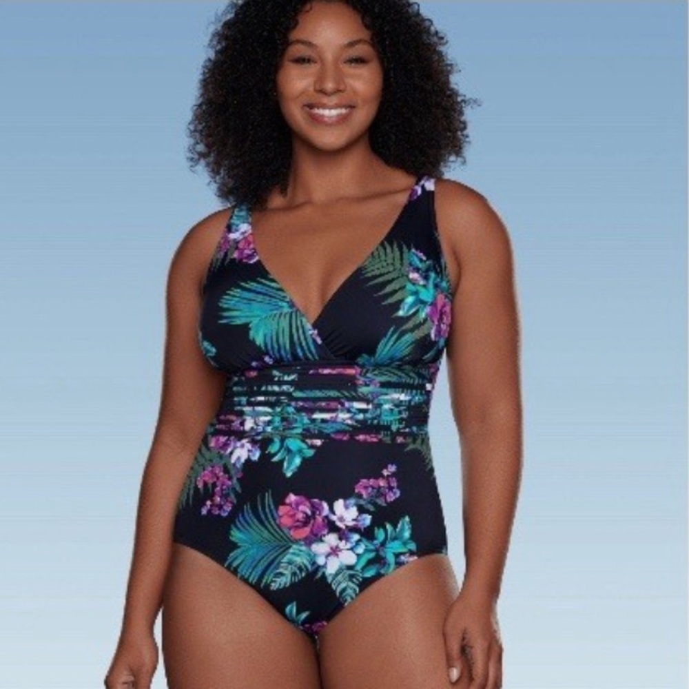 Aqua Green Waist Detail 1 Piece Swimsuit Black Floral Women's (M or L)